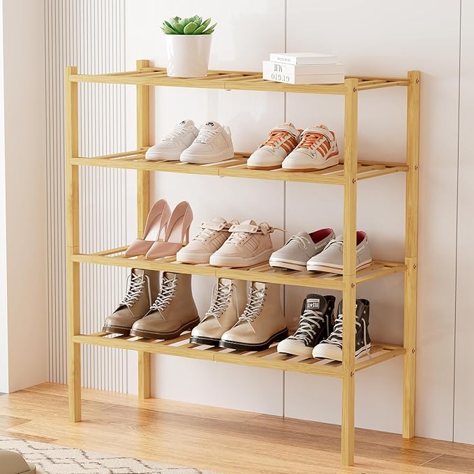 Smiry Shoe Rack, 4 Tier Bamboo Shoe Organizer, Stackable Free Standing Wooden Shoe Storage Shelf for Closet, Entryway, Front Door Entrance, Natural
