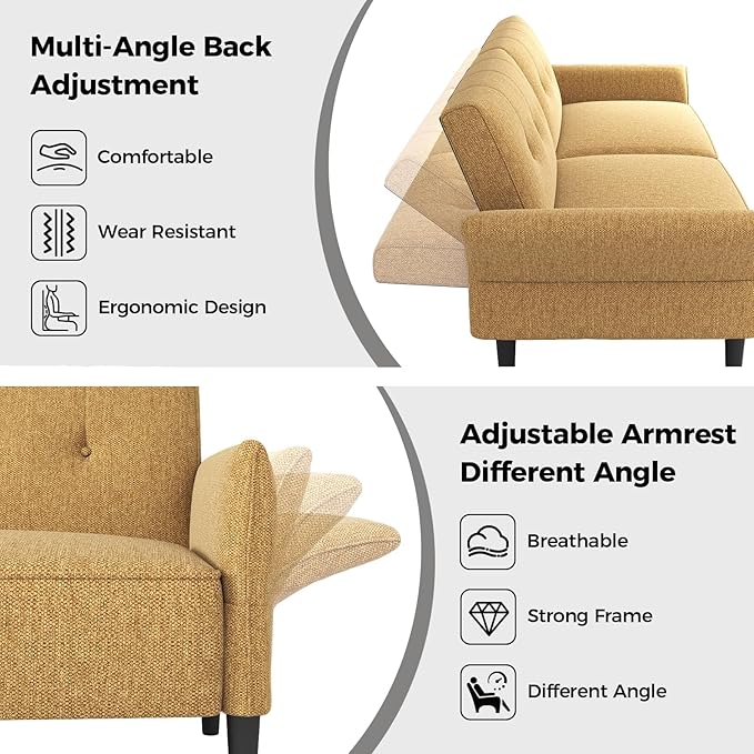 89” Futon Sofa Bed,Comfy Futon Couch Bed with 2 Square Pillows,Convertible Sleeper Sofa with Adjustable Backrest& Armrests, Modern Loveseat Sleeper for Living Room, Bedroom, Linen Yellow
