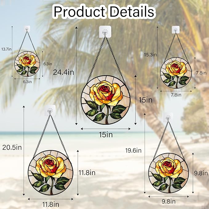 Stained Glass Window Hanging - Elegant Yellow Rose Flower Sun Catcher for Door Garden Home Decor Suncatcher Christmas Mother's Day Birthday Gifts for Women Mom Girl Nana Friend 6.3 in