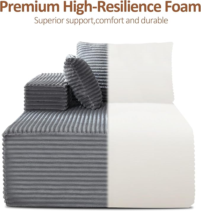 110" Boneless Sectional Couch with Chaise Lounge, Cloud Couch Compressed Sofa L Shape, No Assembly Memory Foam Sofa for Living Room, Grey Corduroy