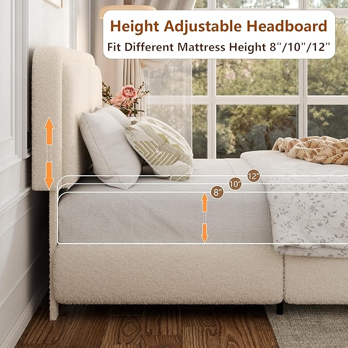 Queen Bed Frame with Headboard Adjustable, Boucle Upholstered Platform Bed Frame Queen Size, Anti-Collision Soft Rounded Corners, No Box Spring Needed, Noise-Free, Easy Assembly, Beige