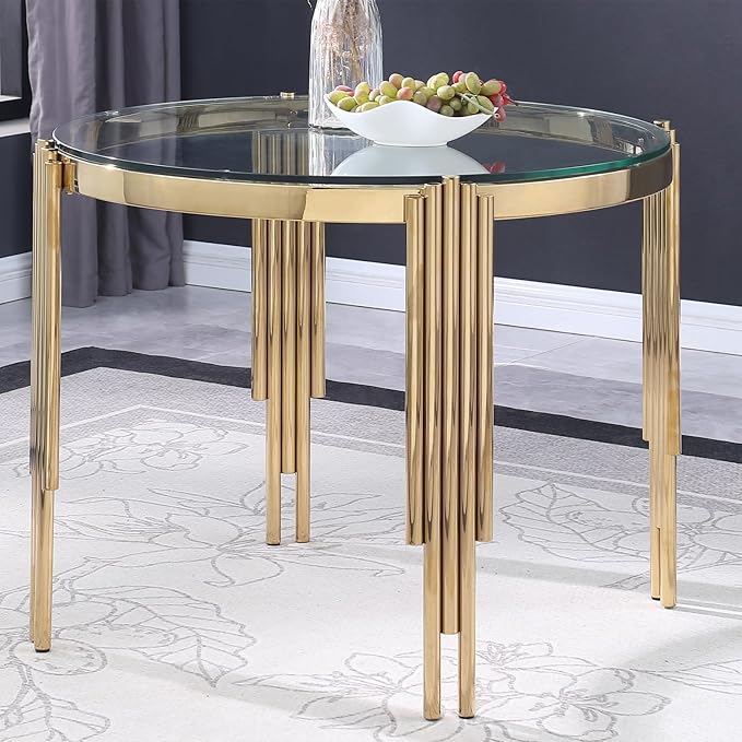 HomVent Modern Round Glass Dining Table, 38.6"L x 38.6"W x 30.00"H, Clear Glass Top with Stainless Steel Gold Legs, 6 Seater