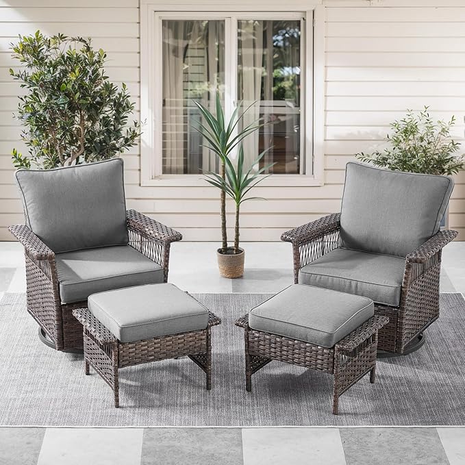 Outdoor Swivel Glider Chairs - 4 Pieces Hollow Widen Armrests Wicker Patio Furniture Set with Ottomans, High Back Outside Swivel Rocker for Balcony Porch Deck and Yard - Brown/Gray