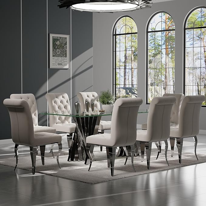 Dining Table for 4-8, 78“ Modern Falcone Kitchen and Dining Table with Tempered Glass Top, Silver Dinner Table for Dining Room, Kitchen, Party