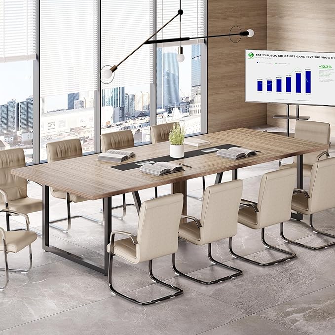 LITTLE TREE 8FT Conference Table for 10 People, Large Meeting Table, Modern Wooden Conference Room Table with Cable Management, Business Training Table with Strong Metal Legs for Office, Maple Color