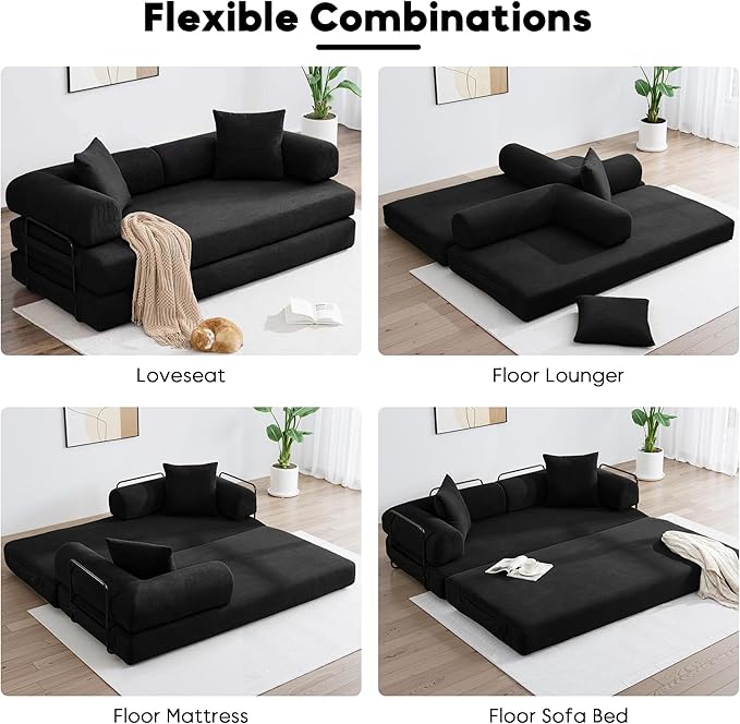 Convertible Sleeper Sofa Bed with Cylindrical Pillow, Corduroy Folding Mattress Couch with Fixed-Shape Frame, Floor Sofa Lounge Couch for Living Room Bedroom Lounge Studio-Black