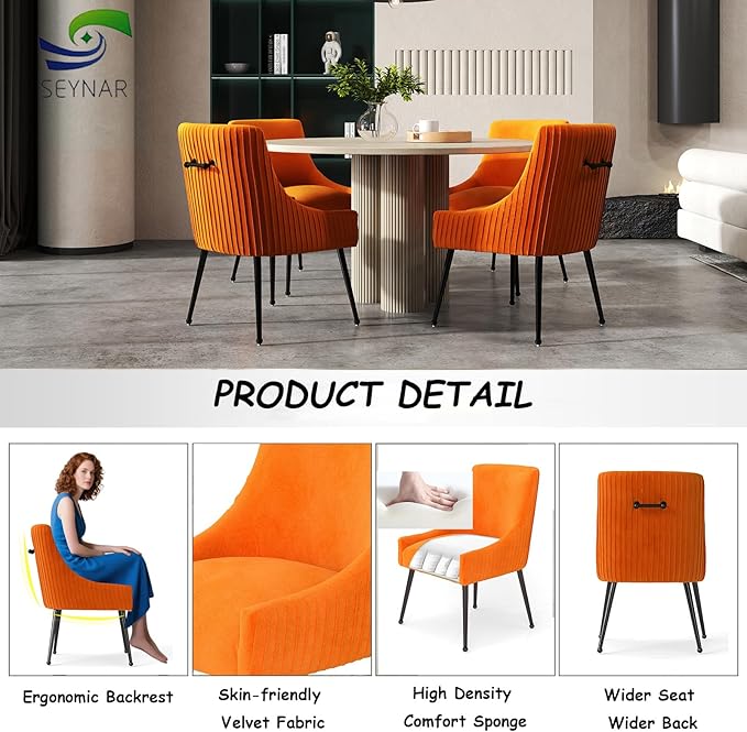 Velvet Dining Chairs Set of 6,Orange Upholstered Living Room Chairs with Black Metal Legs, Modern Tufted Accent Chairs for Living Room, Study Room, Kitchen