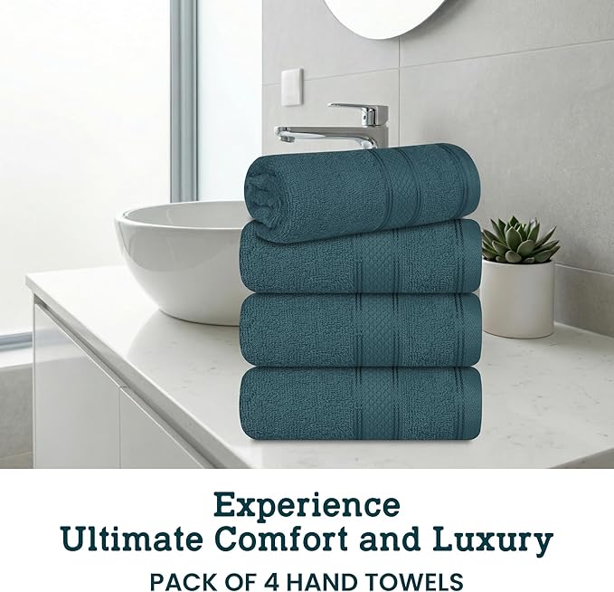 Casa Lino 100% Cotton Hand Towels for Bathroom - Soft, Highly Absorbent & Quick Dry Kitchen Towels - Gym Towel Set - Travel Towel Set - 24" x 16" - Pack of 4 - (Teal)