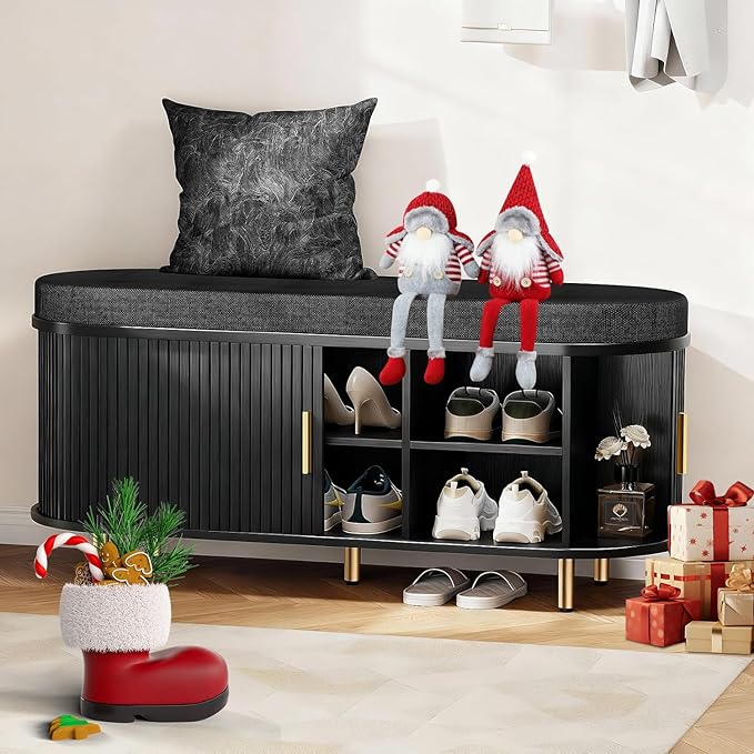 DHH Entryway Bench with Shoe Storage Fluted Shoe Storage Sliding Door and Adjustable Shelf with Cushion,2-Tier Shoe Rack Cabinet for Entryway, Bedroom, Living Room(Black)