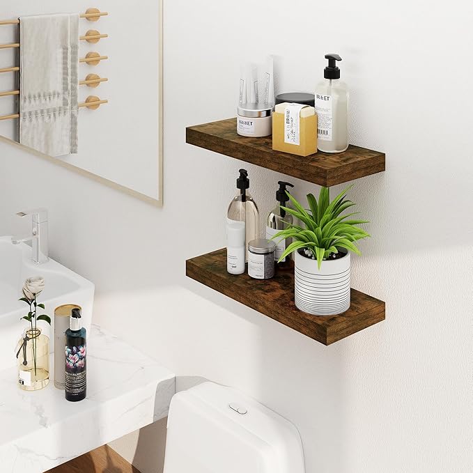 Fun Memories Floating Shelves for Wall, 20Inch Floating Shelves Set of 2, Hanging Shelf with Invisible Brackets, Wood Shelves for Living Room, Bedroom, Kitchen, Brown