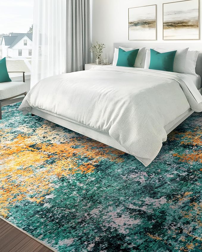 9x12 Area Rug for Living Room - Washable Rugs Modern Abstract Neutral Soft Rug for Bedroom Dining Room No Slip Low Pile Carpet for Nursery Home Office - Teal/Orange