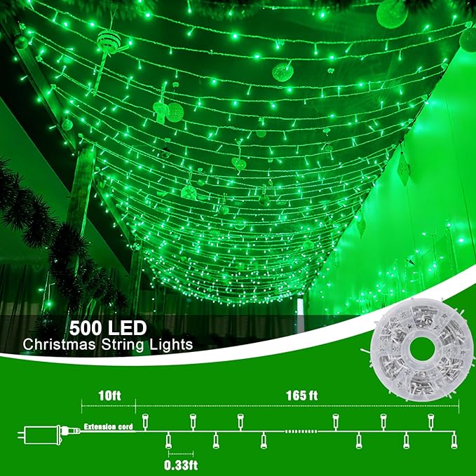 QITONG 165ft 500 LED Green Christmas Lights, 8 Modes Outdoor String Lights Plug in, Clear Wire Twinkle Xmas Light Indoor