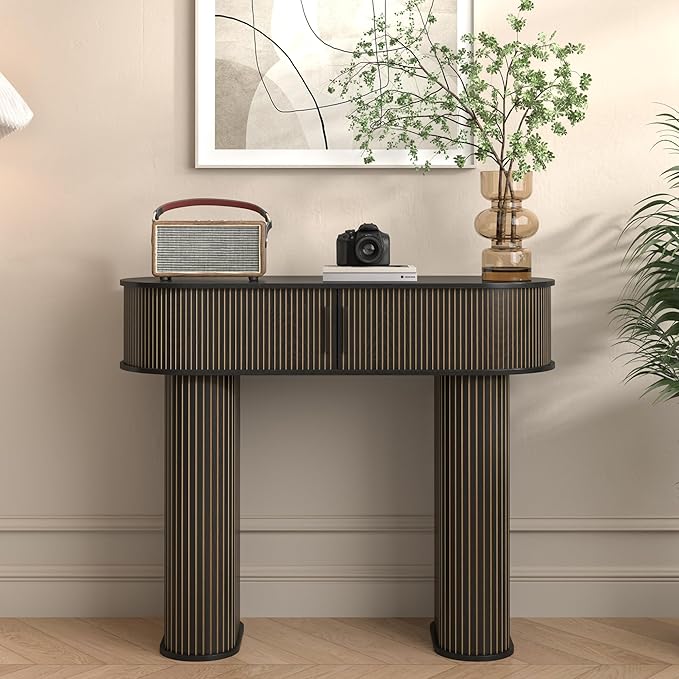 Round Console Table, Mid Century Modern Console Table, Sofa Table, Narrow Entryway Table for Hallway Living Room (Black)