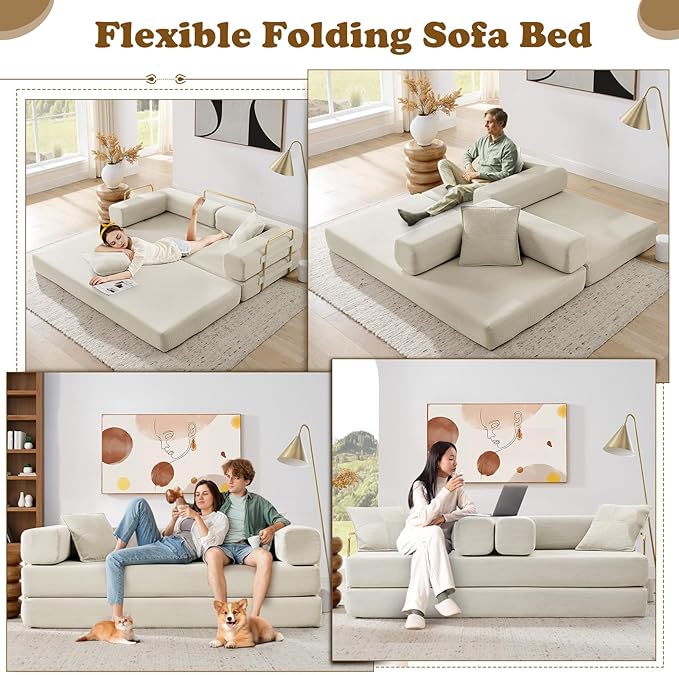 Antetek Convertible Futon Sofa Bed, 3-Seater Modern Corduroy Foam Floor King Size Bed Fold Out Sleeper Lounge Loveseat Sofa Couch with 2 Throw Pillows for Living Room Bedroom Guest Room, Beige