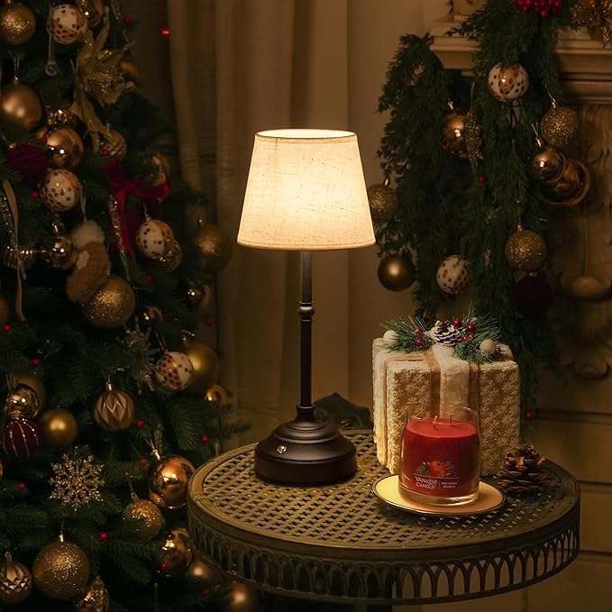 Cordless Table Lamp, Rechargeable Desk Lamp with Fabric Shade, Battery Operated Lamp 3 Color Stepless Dimming, Portable Small Touch Bedside Lamp Home Decor for Dining, Counter (Matte Black)