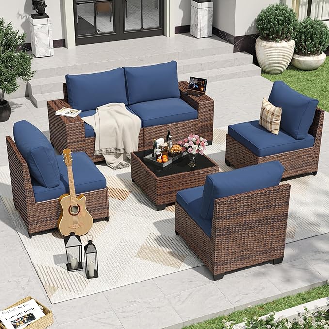 Aoxun 6 Pieces Patio Furniture Set Wicker Rattan Outdoor Sectional Conversation Set with Coffee Table and 4” Thickened Cushions, Blue (Waterproof Cover Included)
