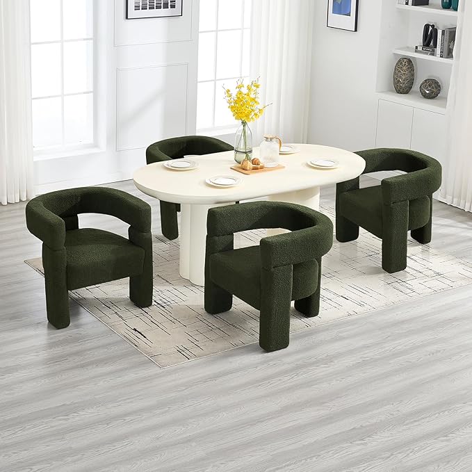 Sherpa Barrel Dining Chairs Set of 2, Upholstered Boucle Accent Kitchen Chairs with Arms, Comfy Faux Fur Side Chair Modern Armchair for Dining Room, Bedroom, Home Office, Green