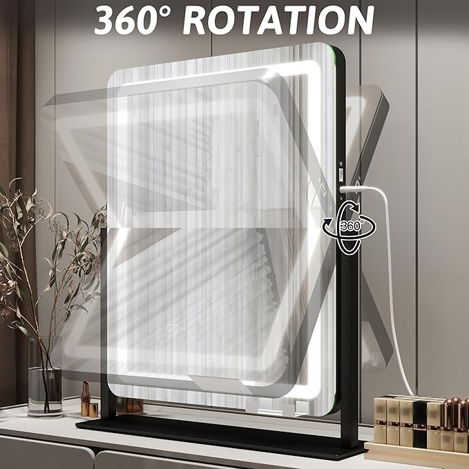 FENNIO Vanity Mirror with Lights 19"x22" - LED Lighted Makeup Mirror,Large Makeup Mirror with Lights,Touch Screen with 3-Color Lighting,Led Mirror Makeup,Dimmable, for Vanity Desk Tabletop, Bedroom