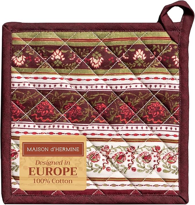 Maison d' Hermine Pot Holders 100% Cotton Heat Resistant Potholders 8" x 8" Hot Pads with Loop for Thanksgiving Christmas Decorations BBQ Cooking Handling Hot Pans (Pack of 1, Reveillon Au Jardin)