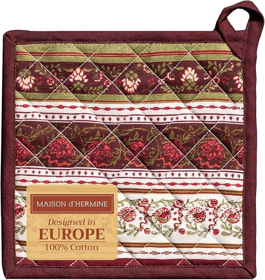 Maison d' Hermine Pot Holders 100% Cotton Heat Resistant Potholders 8" x 8" Hot Pads with Loop for Thanksgiving Christmas Decorations BBQ Cooking Handling Hot Pans (Pack of 1, Reveillon Au Jardin)