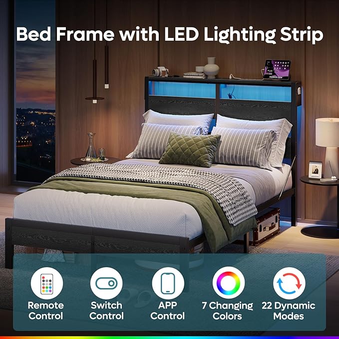 Bestier Full Bed Frame with Storage Headboard and Charging Station, Black Platform Bed Frame with LED Light, Non-Slip Metal Bed Frame, Noise-Free, Easy Assembly