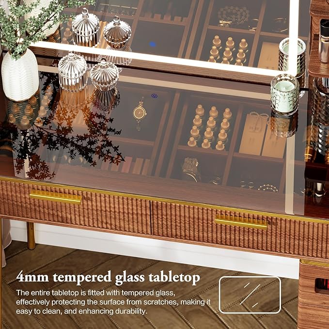 47.24" Big Modern Vanity Desk with Mirror and Lights,Makeup Vanity Desk with 5 Drawers and Storage Shelves & Power Outlet,Dressing Table with Glass Top, Brown