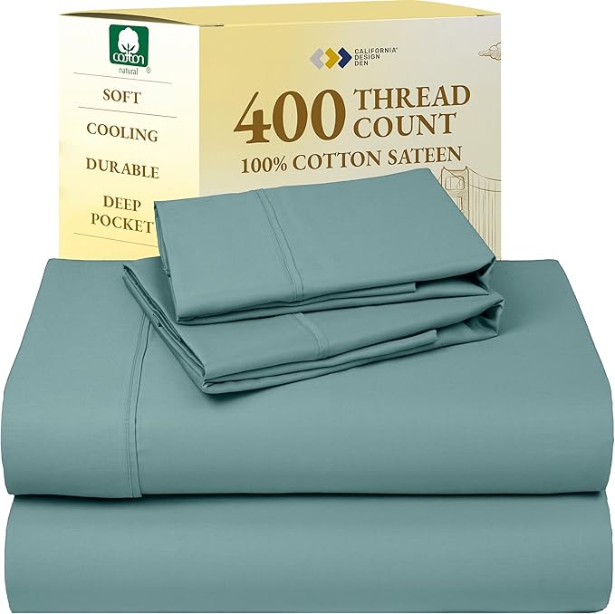 California Design Den Full Size Bed Sheets Set - Soft 400 Thread Count Sateen, Natural 100% Cotton Sheets with Deep Pockets, Breathable, Cooling and Durable Bedding Set - Teal
