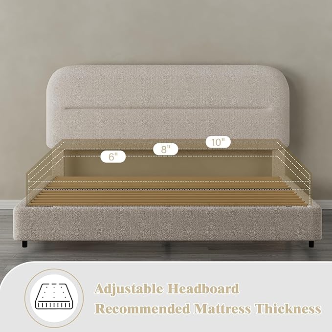 HOMBCK Full Size Boucle Bed Frame, Upholstered Bed Frame Full with Headboard, Soft BedFrame with Thickened Footboard, Soft Rounded Corners, No Box Spring Required, Easy Assembly, Cream
