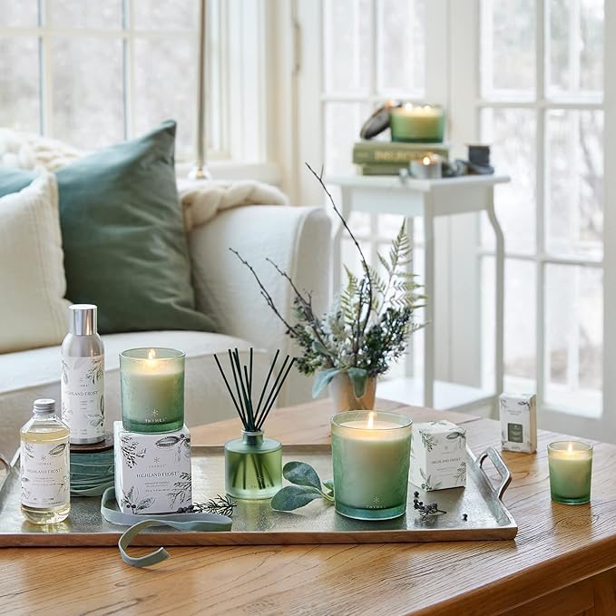 Thymes Scented Candles for Home Decor - Luxury Home Fragrance Gifts for Women & Men - Winter Candles with Crisp Notes of Sage, Eucalyptus, & Cypress Needles - Sage-Green (Highland Frost, 13 oz)