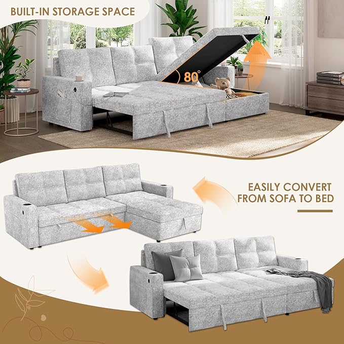 85" Sleeper Sectional Sofa Bed - L-Shaped Convertible Pull Out Couch with Reversible Storage Chaise, USB Ports & Side Pockets, Gray