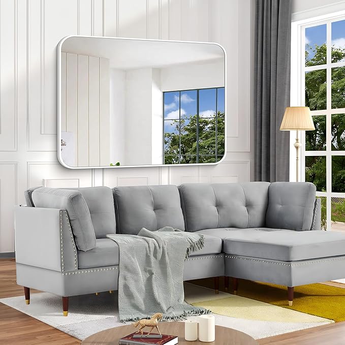 BONEWEI White Bathroom Mirror,36x48 inch Wall Mirror for Bathroom Wall Mounted,Rectangle Mirror for Bathroom Over Sink,Modern Frame Round Corner for Living Room,Bedroom Entryway,Horizontal/Vertical