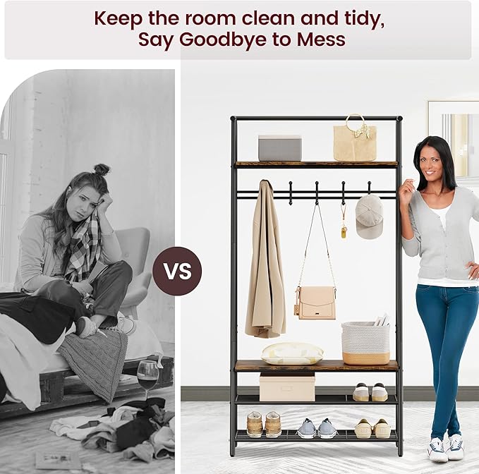 MDF Hall Tree with Bench, 4-in-1 Entryway Coat Rack with Storage Shelf & Shoe Organizer, Sturdy Freestanding Furniture for Living Room, Bedroom, Mudroom