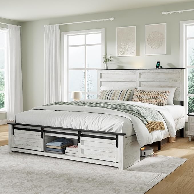 Queen Size Bed Frame with Wood Headboard, Wooden Platform Bedframe with Sliding Barn Door Footboard and Charging Station Easy Assembly, No Box Spring Needed (Boho White, Queen)