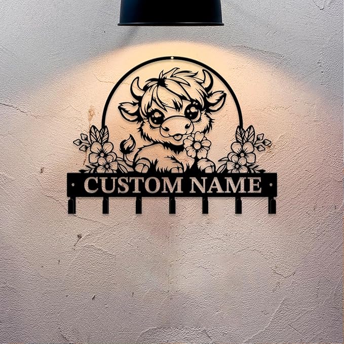Personalized Highland Cow Metal Keys Hooks,Custom Name Metal Highland Cow Keys Hooks,Black Metal Highland Cow Wall Home Storage Decorative Keys Hooks,Key Holder Hooks for Wall (Style C)
