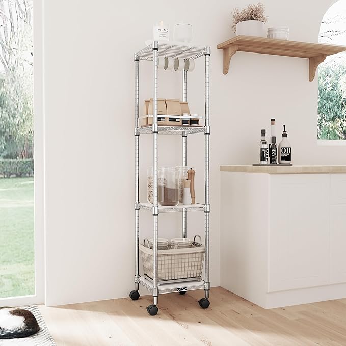 IZEUK 4 Tier Steel Storage Shelves, Adjustable Wire Shelving Unit for Kitchen, Bathroom, or Office Organization, Heavy Duty Metal Rack, 11.8" D x 11.8" W x 48.1" H, Chrome