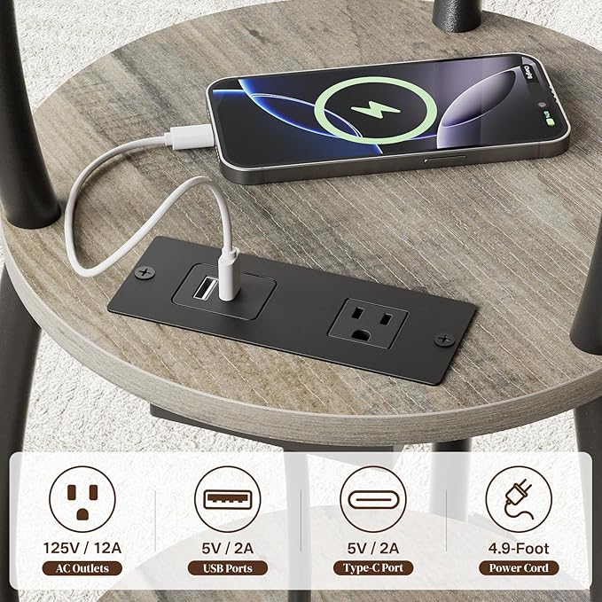 Round Side Table with Power Outlet & USB Ports, 3-Tier End Table with Storage Shelf, Modern Rustic Nightstand, Small Spaces Accent Table for Living Room Bedroom, Easy Assembly, Grey