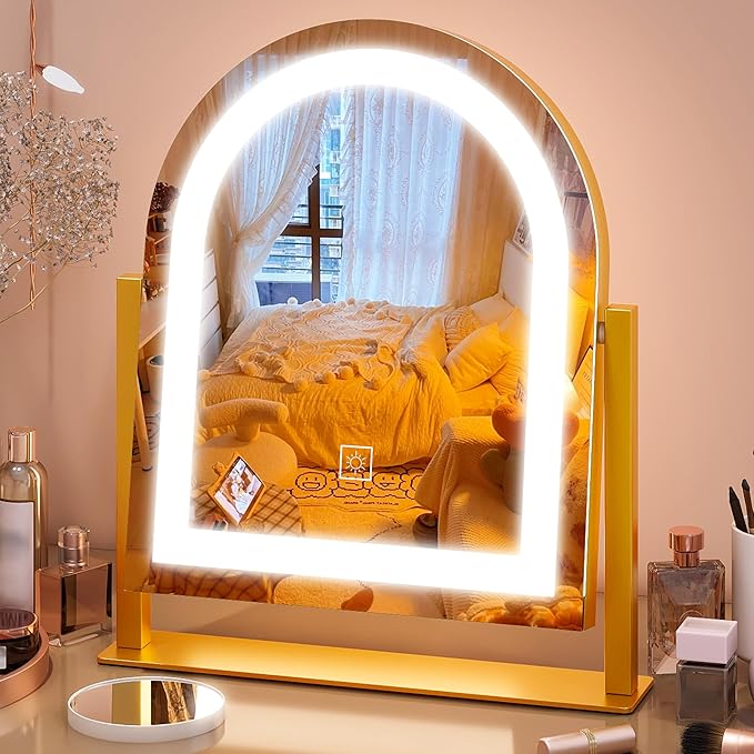 FENNIO Large Vanity Mirror with Lights - 15.5"x13" LED Lighted Makeup Mirror with Lights, 10X Magnification, Touch Screen with 3-Color Lighting, Dimmable, for Vanity Desk Tabletop, Bedroom（Gold）