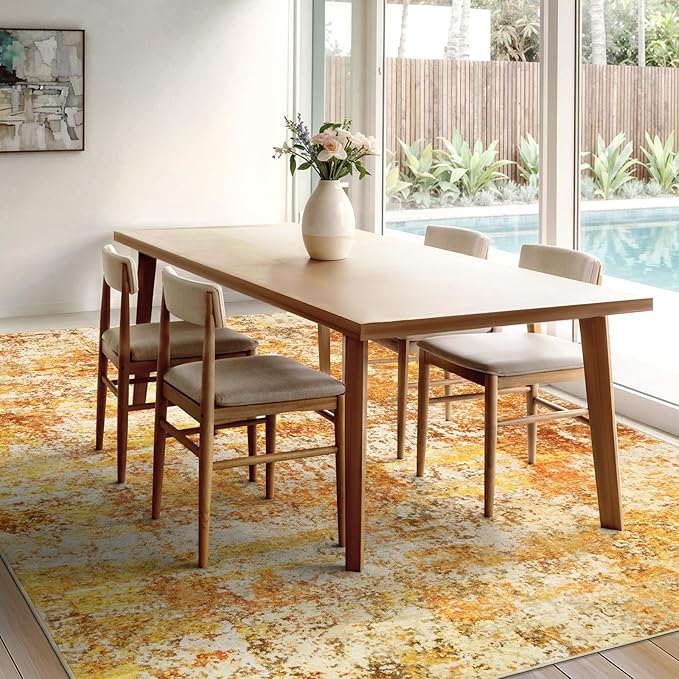 Washable Area Rugs for Living Room - 9x12 Abstract Modern Rug Neutral Soft Rug Stain Resistant Non-Shedding No Slip Low Pile Large Carpet for Bedroom Dining Room Nursery Home Office - Orange/Gold