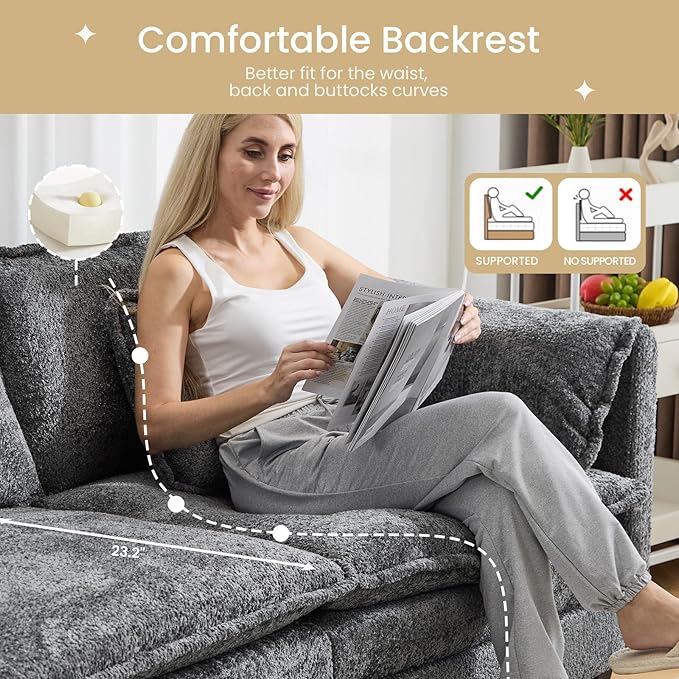 112" U Shaped Modular Sectional Sofa, 3 Seater Comfy Cloud Couch with Movable Ottoman, Deep Seat Couches for Living Room, Bedroom, Apartment (Grey)