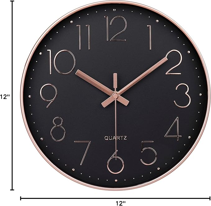 jomparis Rose Gold Black Wall Clock Silent Non-Ticking Quartz Sweep Decorative Battery Operated Wall Clocks