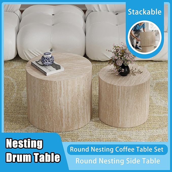 Nesting Coffee Table Set of 2, Modern Round Coffee Table with Non-Slip Feet, Wooden Circle Accent Tables for Small Spaces Living Room Bedroom Balcony Office Drum Side Table (C Travertine)