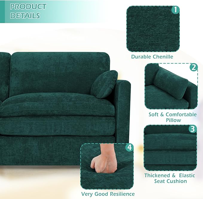 3 Pieces Chenille Sofa Set w/Arm Pillows, Upholstered 2 Pieces Loveseat & 3 Seater Sofa w/Comfortable Back Cushions, Modern 2-Seat & 3-Seat w/High-Density Foam for Living Room, Teal
