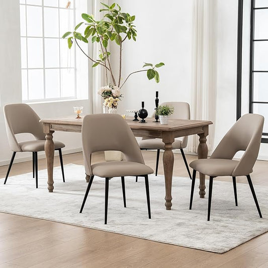 Rowill Dining Chairs Set of 4, Mordern Upholstered Faux Leather Dining Room Chairs, Kitchen Side Chairs with Metal Legs for Guest Reception Waiting Living Room, Khaki