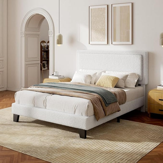 Queen Bed Frame, Boucle Platform Bed with Adjustable Upholstered Headboard, No Box Spring Needed, Easy Assembly, White