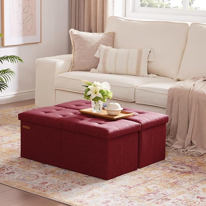 HAUSFRAU 31.5 Inches Ottoman with Storage Bench, Folding Ottoman Bench Small Foot Rest Stool, Bedroom Bench with Flipping Lid, Linen Bordeaux