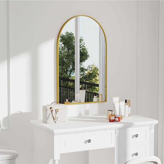 30x20 Arch Mirror Rectangle Wall Mounted Hanging or Against Wall Metal Aluminum Alloy Frame Mirrors for Entryway Bedroom Bathroom Living Room 30 20 inch Gold