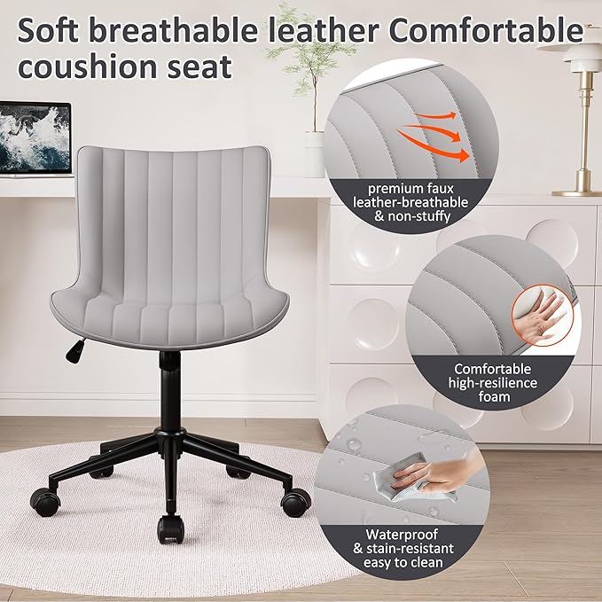 Kidol & Shellder Grey Leather Home Office Desk Chair with Wheels Modern Cute Armless Executive Swivel Vanity Chair with Comfy Padded Back Ergonomic Rolling Adjustable Computer Task Chair Small