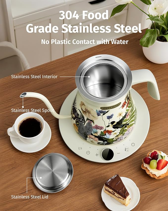 INFOOD 0.8L Gooseneck Electric Kettle, Precise Temperature Control for Pour Over Coffee & Tea, 1200W Fast Boiling Water, Auto Shut Off, Scheduling, Stainless Steel, Floral Painted Design