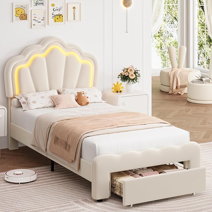 HOSTACK Twin Upholstered LED Bed Frame with Storage Drawer, Cute Girls Bed with Adjustable Lotus Headboard, Velvet Princess Platform Bed Frame, Wooden Slats Support, No Box Spring Needed, Cream
