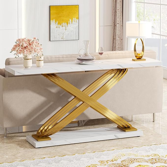 Tribesigns 55 Inch Modern Console Table, Gold Entryway Table Behind Sofa Couch, Narrow Rectangular Sofa Table for Living Room, Bedroom, Front Hall, Hallway, Gold & White